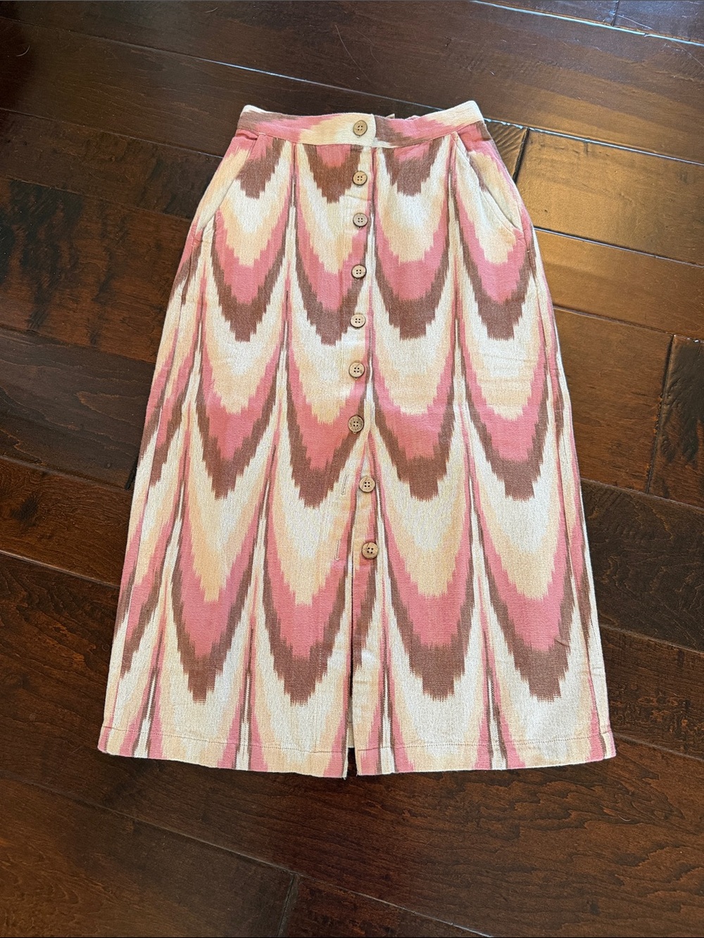 Faherty Pink, Brown and Cream Chevron-Print Button-Front Midi Skirt